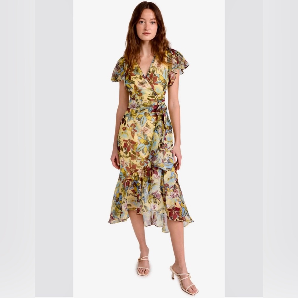 Tanya Taylor Blaire Linen Silk Midi Dress Ruffle Floral Gauze Summer Romantic - Picture 3 of 12